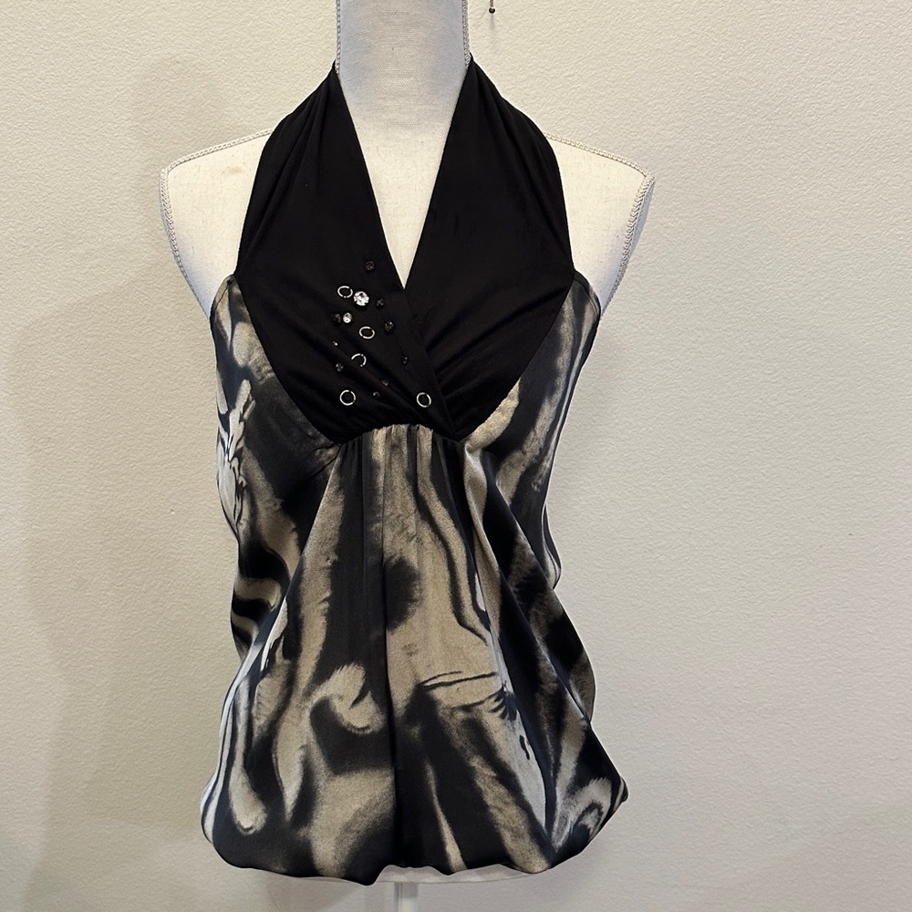 Medium Black Satin-Print Halter Camisole with Eyelet Detail